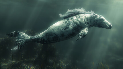 Hippocampus Swim A hippocampus, half horse, half fish, swimming gracefully in the ocean