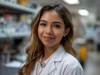 Obraz premium A Scientist female wearing a lab coat, standing in front of a laboratory bench, smiling and looking into the camera