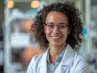 Fototapeta premium A Scientist female wearing a lab coat, standing in front of a laboratory bench, smiling and looking into the camera