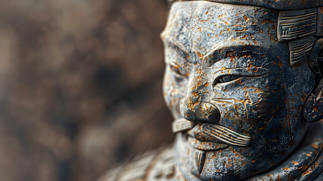Chinese terracotta warrior with weathered stone texture and intricate details.


