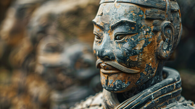 Chinese terracotta warrior with weathered stone texture and intricate details.


