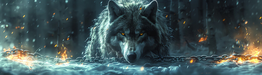 Fenrir in Chains The mighty wolf Fenrir bound in magical chains