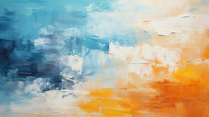 Closeup of abstract rough colorful blue orange complementary colors art painting texture background wallpaper, with oil or acrylic brushstroke waves, pallet knife paint on canvas, Generative AI