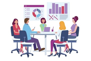 A vibrant illustration of an office meeting where professionals analyze graphs and charts