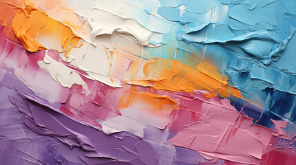 Closeup of abstract rough colorful multicolored rainbow colors art painting texture, with oil brushstroke, pallet knife paint on canvas, dripping color, Generative AI