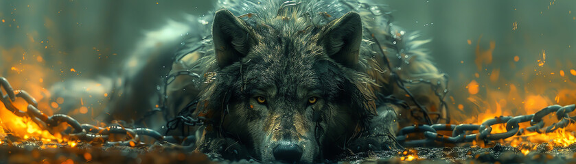 Fenrir in Chains The mighty wolf Fenrir bound in magical chains