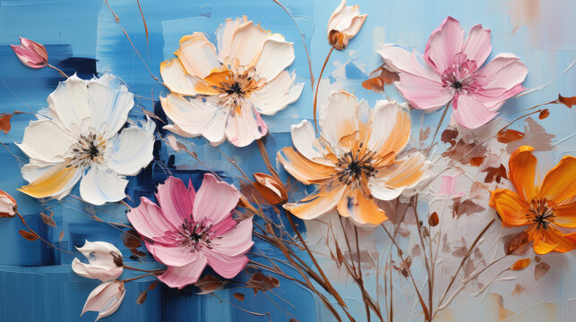 Closeup of abstract rough colorful multicolored organic floral spring flowers art painting texture, with oil acrylic brushstroke, pallet knife paint on canvas wallpaper, Generative AI - Powered by Adobe