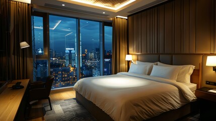 Modern hotel suite with floor-to-ceiling blackout curtains, ensuring a restful sleep by blocking out city lights.