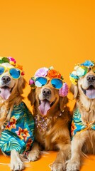 Creative Animal Concept: A Group of Golden Retriever Puppies in Stylish Quirky Wild Mismatched Colorful Outfits on Bright Background with Copy Space, Perfect for Birthday Party Invitations, Animal Par