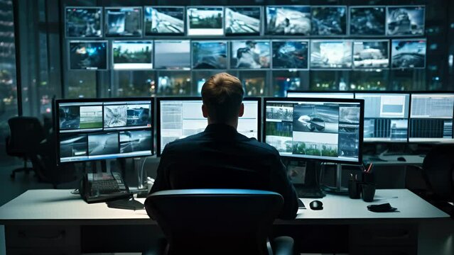 Surveillance Officer Monitoring CCTV Cameras Intently