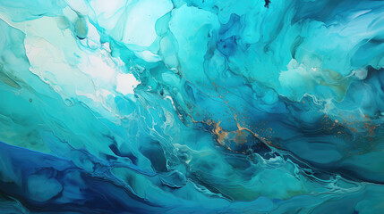 Abstract watercolor paint background illustration - Green turquoise color with liquid fluid marbled...