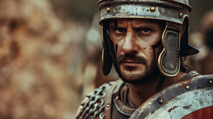 Roman legionnaire holding a shield with a determination in his eyes.


