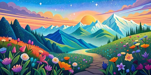Fototapeta premium Vibrant Mountain Landscape with Blooming Flowers and Colorful Sky