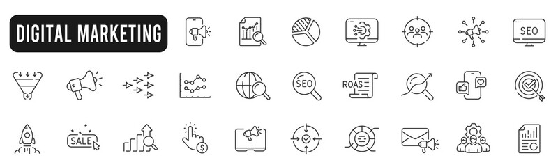 Set of digital marketing line icons. Management, seo, target, ad, analytics etc.