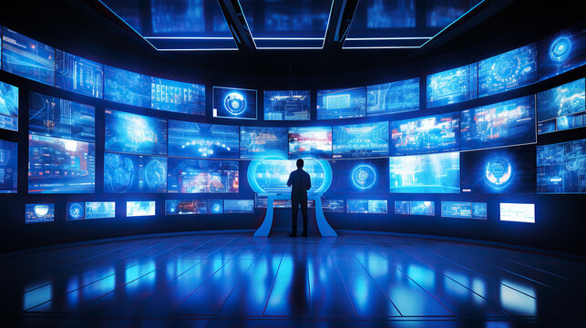 generated illustration  back view of silhouette of unrecognizable male character working with large screen in dark cyberspace