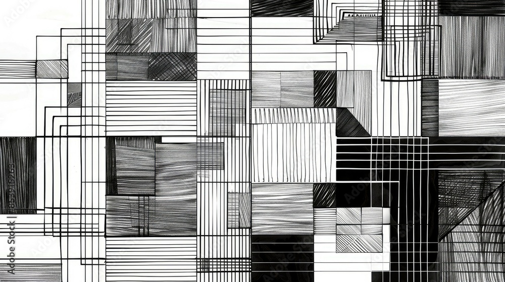 Poster abstract composition with black and white lines creating a geometric tunnel effect, modern monochrom