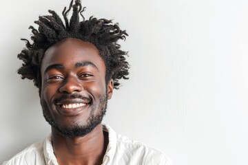 Fototapeta premium Portrait of a blissful afro-american man in his 20s smiling at the camera isolated in white background