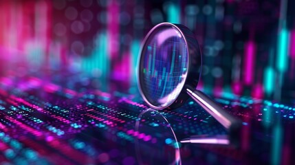 magnifying glass over digital charts, purple and blue colors, background with tech theme
