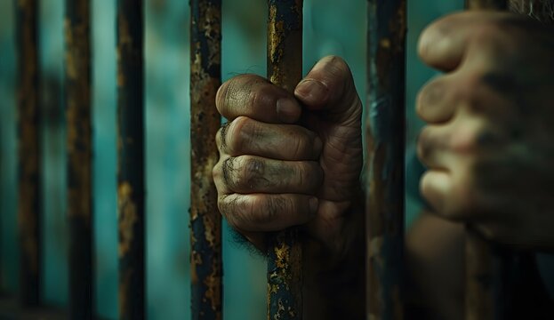 Man's hands holding the bars of his prison cell, closeup shot. The focus is on their powerful and determined fists, symbolizing strength in prisoner life