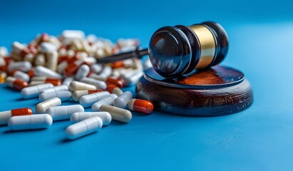 Gavel and pills on blue background, concept of medical lawsuit or health protection from court action