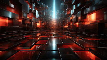 Abstract dark red technology geometric 3d room texture wall with squares and rectangles background banner illustration with glowing lights, textured wallpaper., Generative AI
