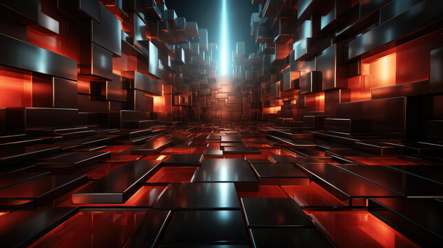 Abstract dark red technology geometric 3d room texture wall with squares and rectangles background banner illustration with glowing lights, textured wallpaper., Generative AI
