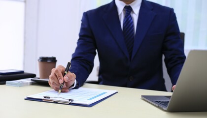 Looking at busy businessman's hands Using smartphones and laptops in the office, AI creates images.