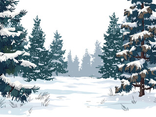 white background, A forest landscape with a carpet of snow covering the forest floor., very simple and isolate in the style of animated illustrations, white background