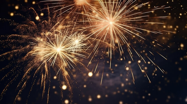Festival Party New Year 2024 , New Year's Eve celebration holiday fireworks background banner - Closeup of gold firework on dark black night sky., Generative AI