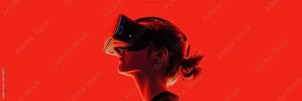 Aufkleber virtual reality, a minimalistic 3d virtual avatar on a vibrant red background, representing user pre