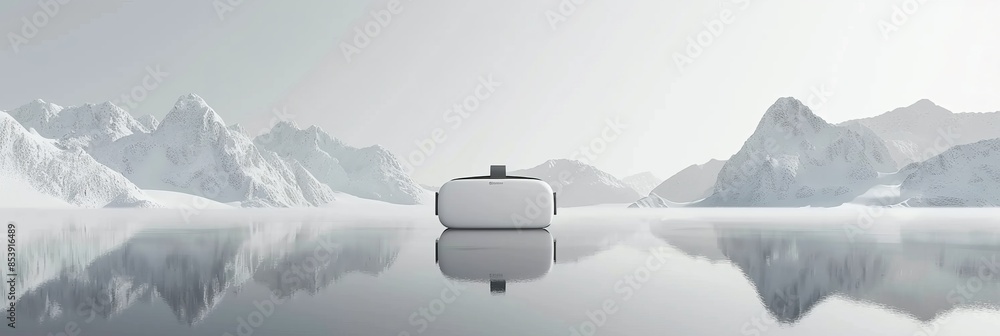 Aufkleber virtual reality, a minimalistic 3d abstract landscape within a vr headset on a simple gray backgroun