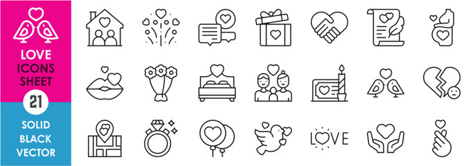 A set of line icons related to love, care and dating. Date, love, pregnant, breakup, best friends, family, gift, love letter, chatting and so on. Vector outline icons set.