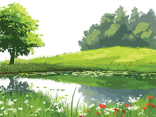 white background, A meadow with a pond reflecting the surrounding landscape., very simple and isolate in the style of animated illustrations, white background