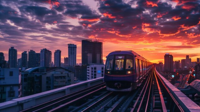 Sunset silhouette of a skytrain on elevated tracks with colorful sky in the background, urban skyline.