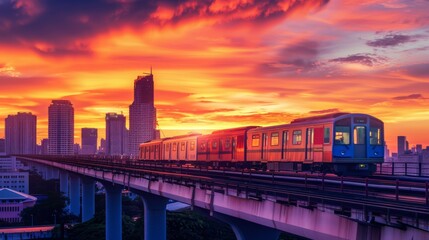Sunset silhouette of a skytrain on elevated tracks with colorful sky in the background, urban skyline.