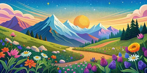 Fototapeta premium Vibrant Mountain Landscape with Blooming Flowers and Colorful Sky