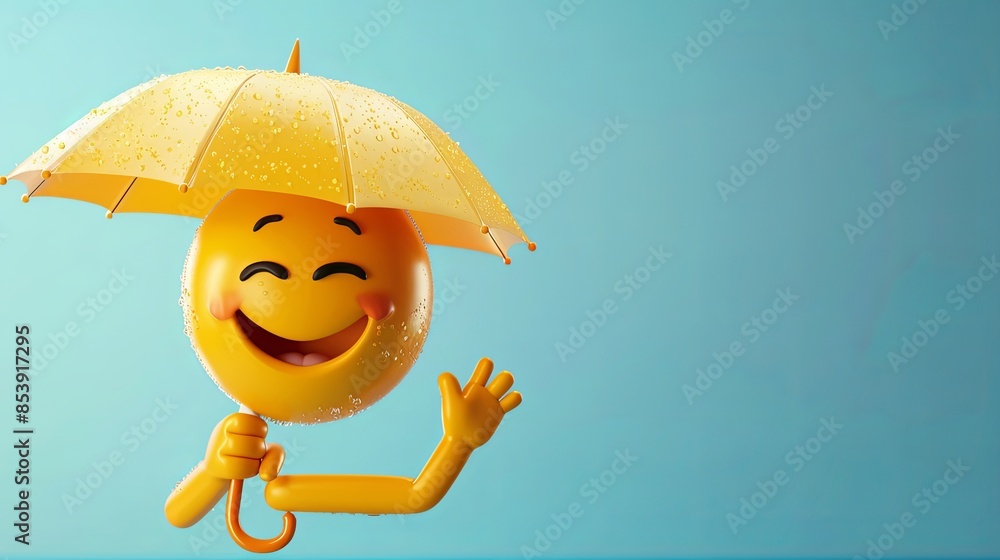 Poster A 3D rendered yellow emoji with a big smile holds a yellow umbrella over itself, standing in front of a blue background. The banner has copy space for text. Generative AI