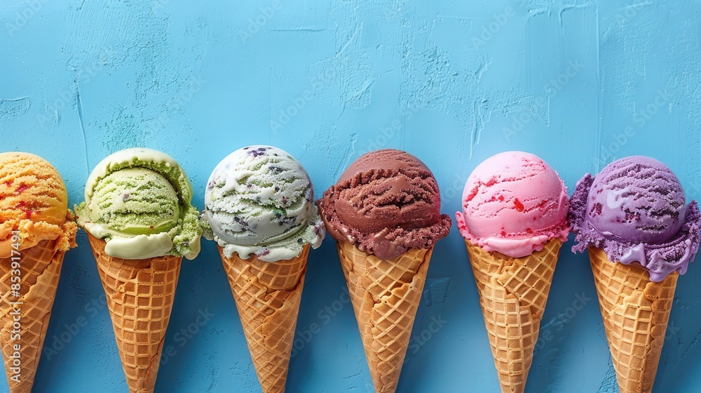 Poster a row of assorted colorful ice cream scoops in cones against a blue textured background
