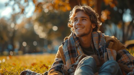 Young Man Sitting in Autumn Park