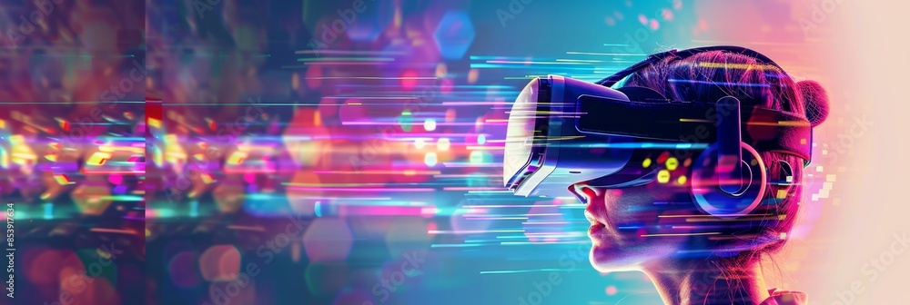 Aufkleber virtual reality, an abstract design with dynamic light trails and digital textures, symbolizing the 