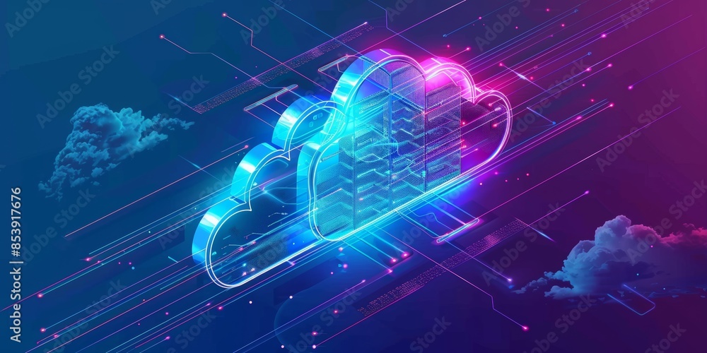 Poster isometric cloud storage for downloading, representing a digital service or application facilitating 