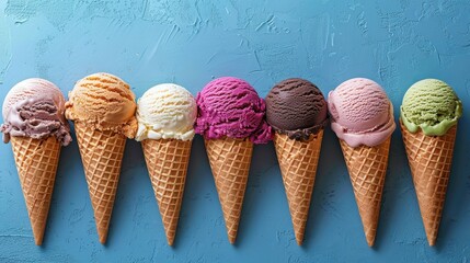 Multiple flavors of ice cream in cones are neatly displayed on a blue background, evoking a sense of choice and dessert diversity