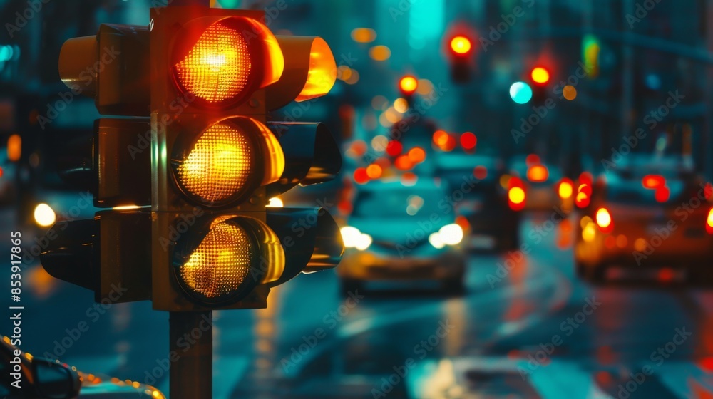 Poster Traffic light sequence showing yellow caution light with blurred cars passing through the intersection.