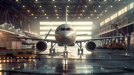 Lifelike image: Passenger aircraft resting in hangar immersive atmosphere authentic details clear focus.