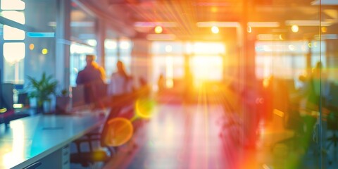 Celebrating pride month in the office. Blurred open plan vibrant creative workplace image with a very little minimal touch of rainbow lens flare.