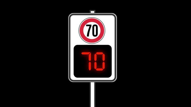 70 km speed limit, animation of road sign from green to reed, transparent background channel in flat design style