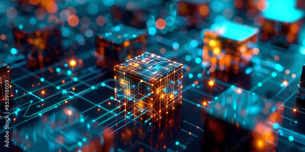 Aufkleber cube technology on converging point of circuit with abstract blue background. blockchain network sys