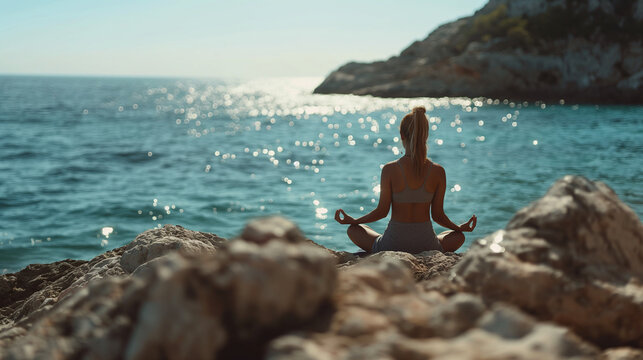Yoga am Meer Frau sitzt an einer felsigen K&uuml;ste und macht Yoga Generative AI