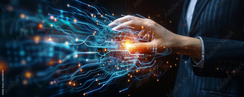 Poster finance technology: businessman touching digital global network of financial data exchange. seamless