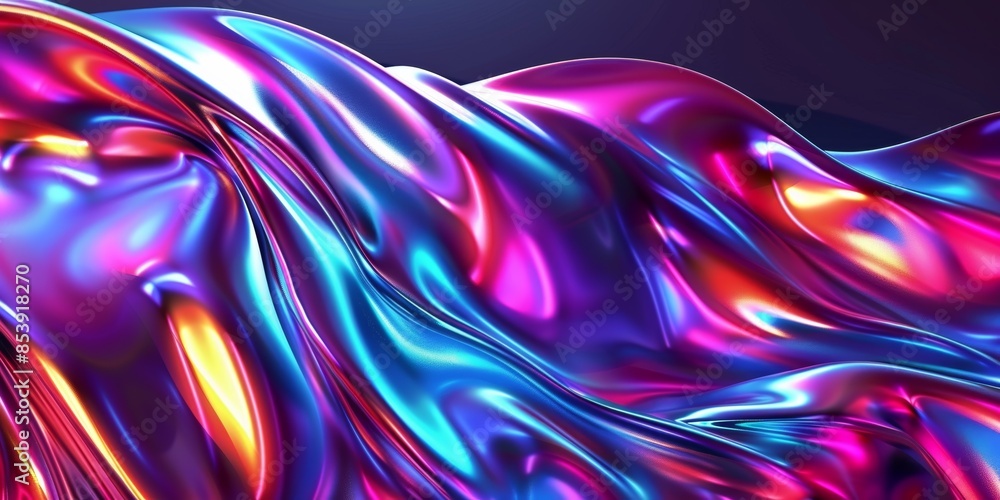 Poster abstract fluid iridescent holographic neon curved wave in motion colorful background 3d render.
